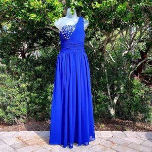 Betsy & Adam Blue Jeweled Gown Long Dress Size XS 2 Ruched New Years Holiday